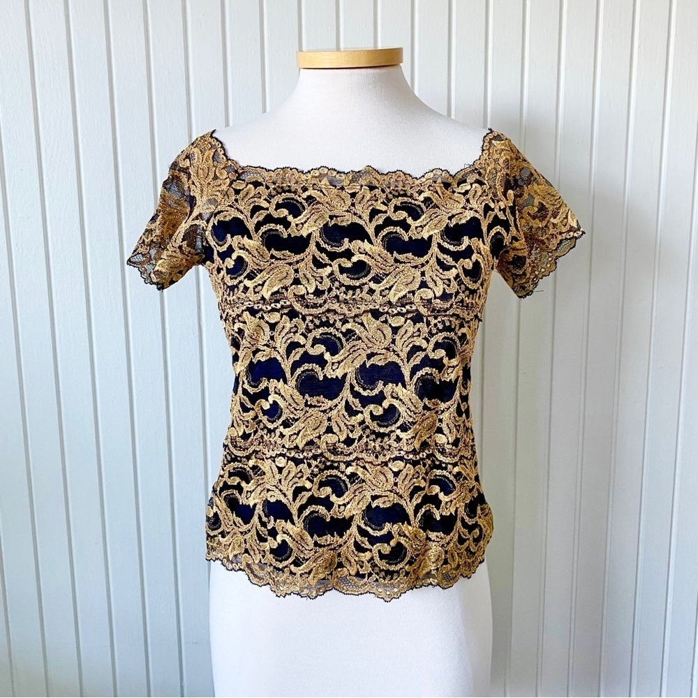 Boston Proper 90s Gold & Black Lace Crop Top Cap Sleeves Medium